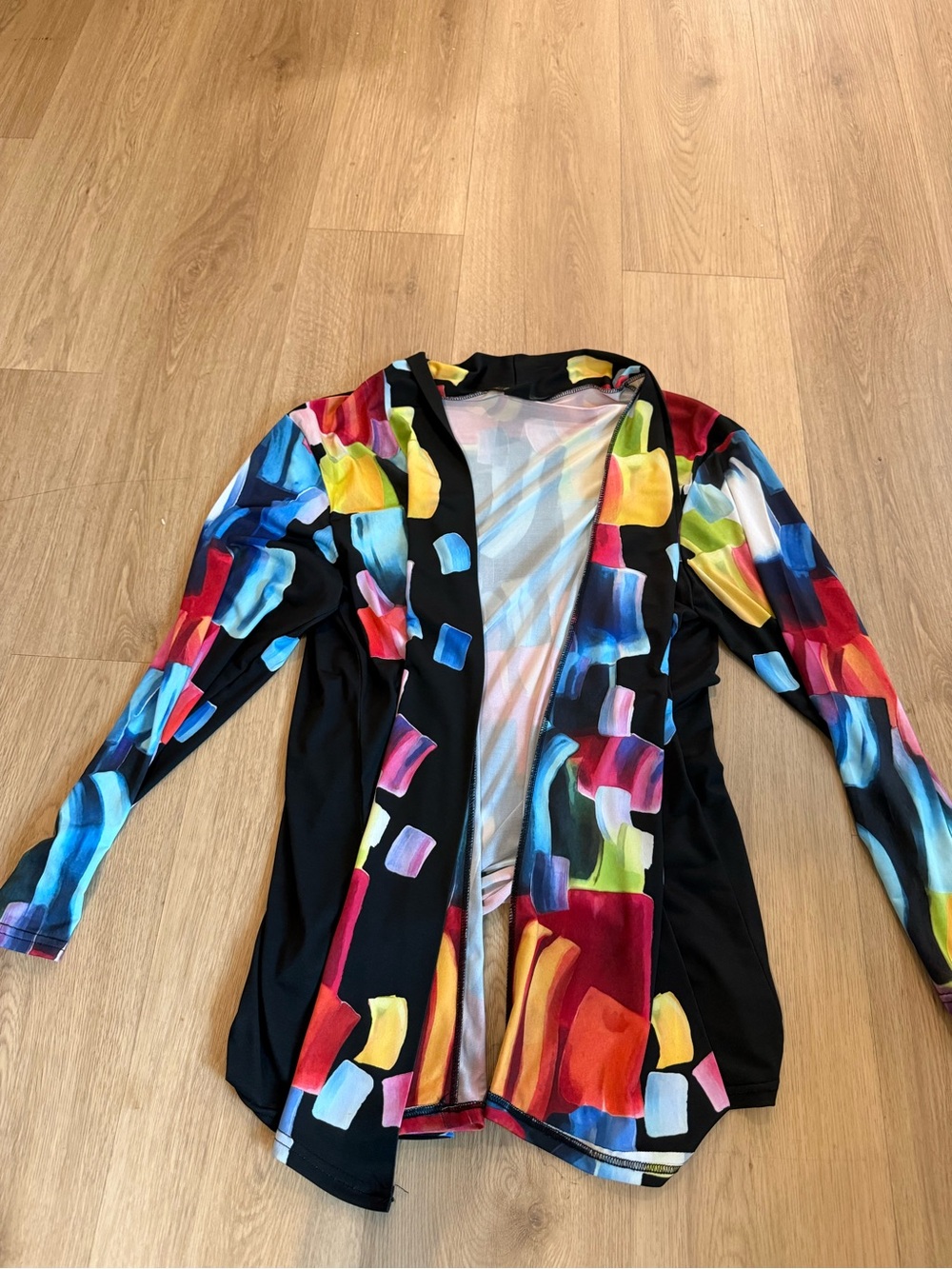 Long Sleeve Open Front Women’s Cardigan - Black with Multi-Color Print- XL